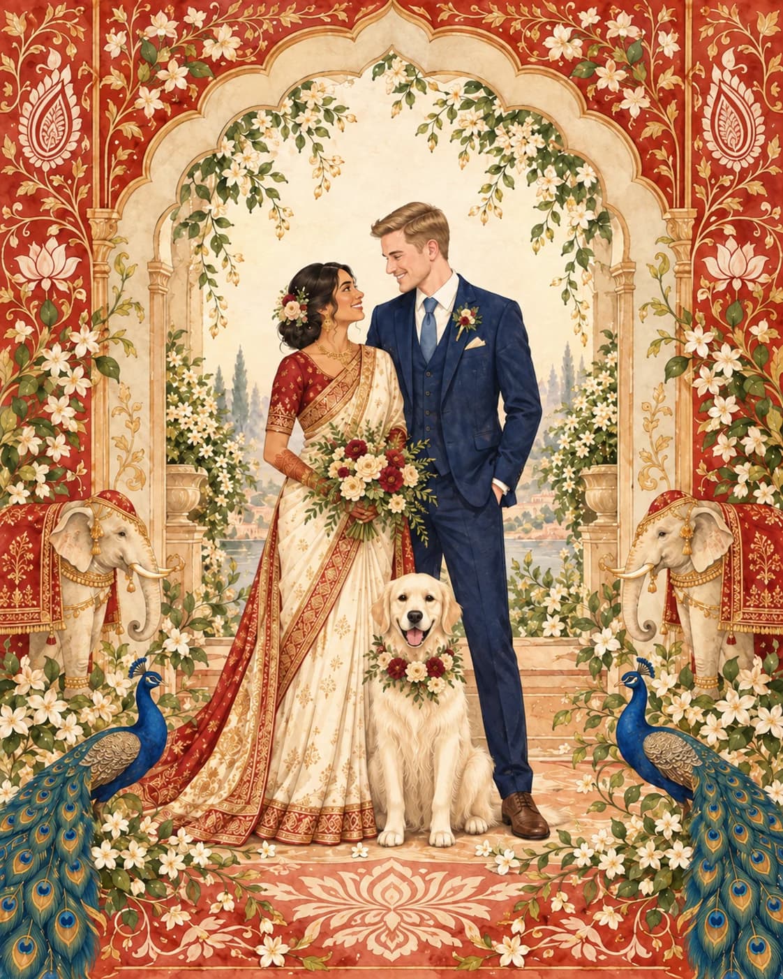 A hand-drawn portrait of Aakriti, Riley and their golden retriever, framed by peacocks, elephants and intricate Alpona-inspired ornament